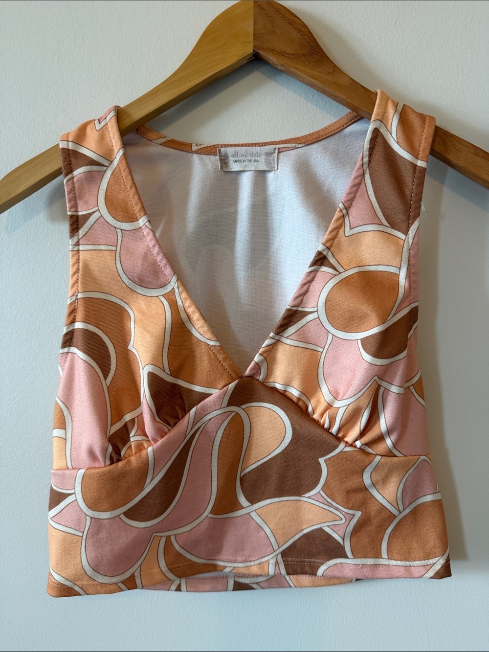 Altar'd State Pink Peach Brown Patterned V-Neck Cropped Tank